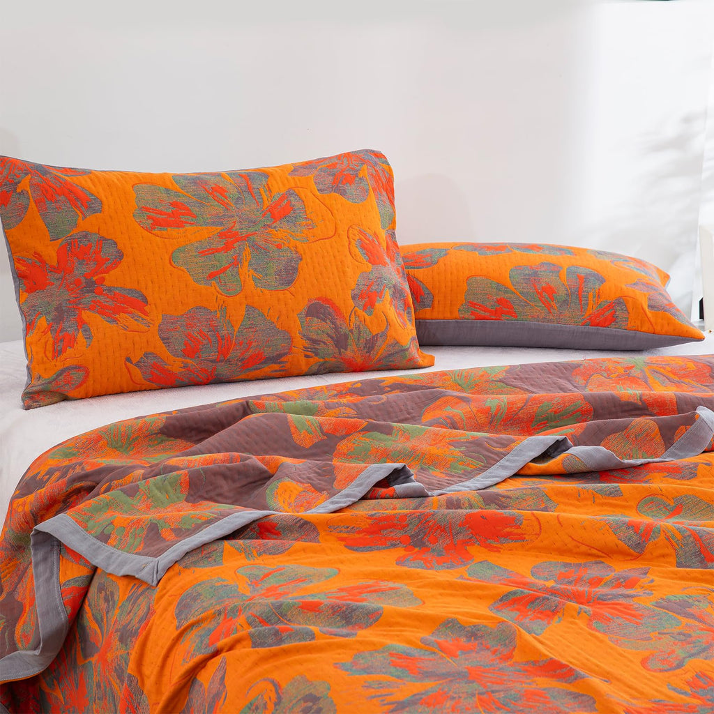 Quilt Set, 100% Cotton Muslin 3-Layer Soft Breathable Lightweight Reversible Bedspread, Jacquard Orange