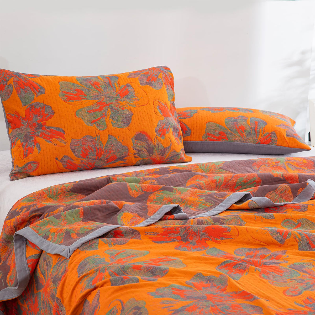 Quilt Set, 100% Cotton Muslin 3-Layer Soft Breathable Lightweight Reversible Bedspread, Jacquard Orange