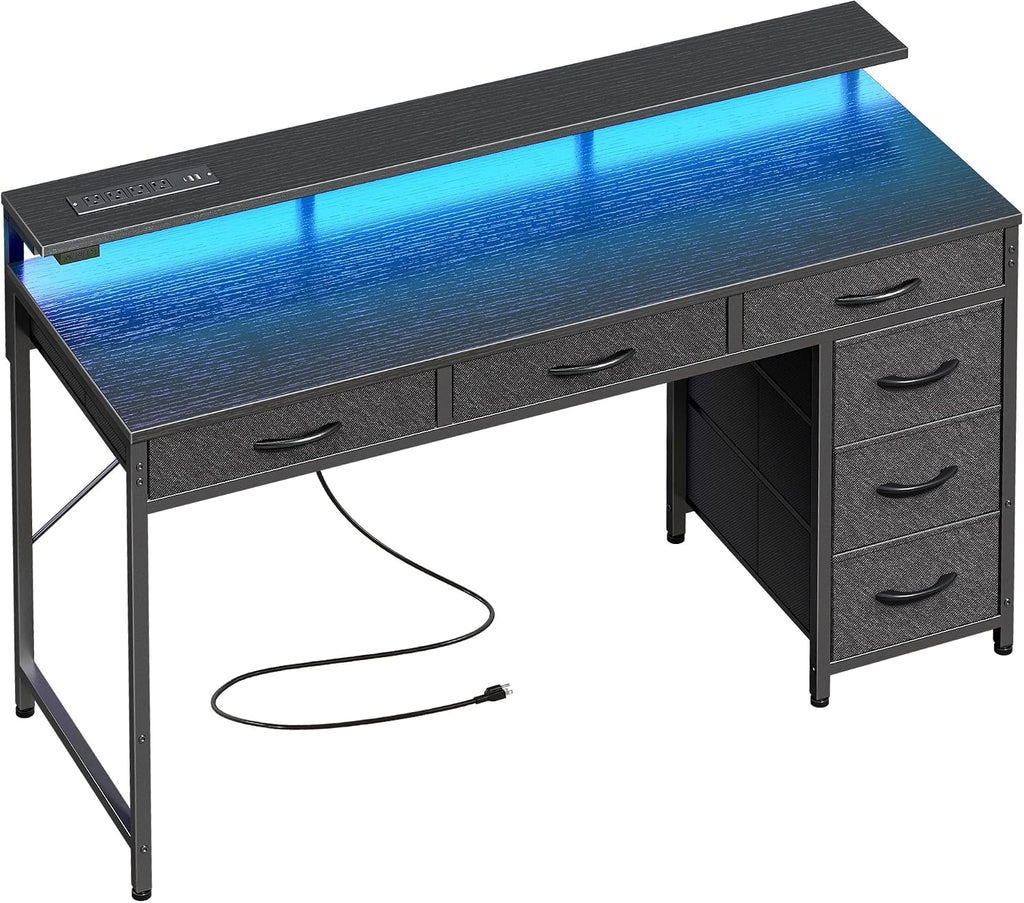 Gaming Desk with 6 Drawers, Computer Desk with LED Lights Power Outlets and Type-C, 47 Inch Office Desk with Storage