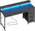 Gaming Desk with 6 Drawers, Computer Desk with LED Lights Power Outlets and Type-C, 47 Inch Office Desk with Storage