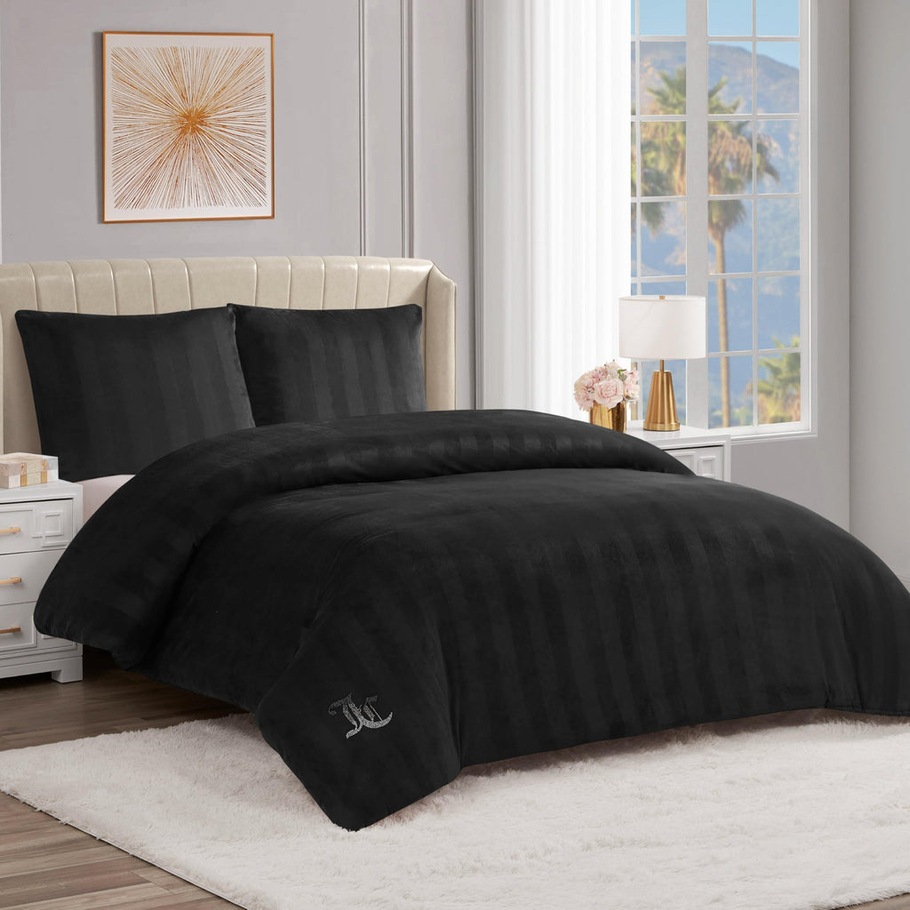 Jenny Velour Striped Jacquard Size Comforter Bedding Set Ensemble - Black 3 Piece Set
