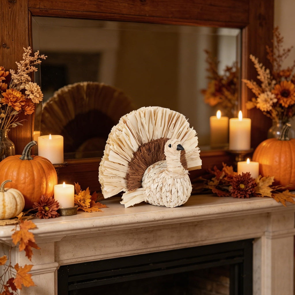 Thanksgiving Turkey Decor Straw Turkeys, 6.7" Tall