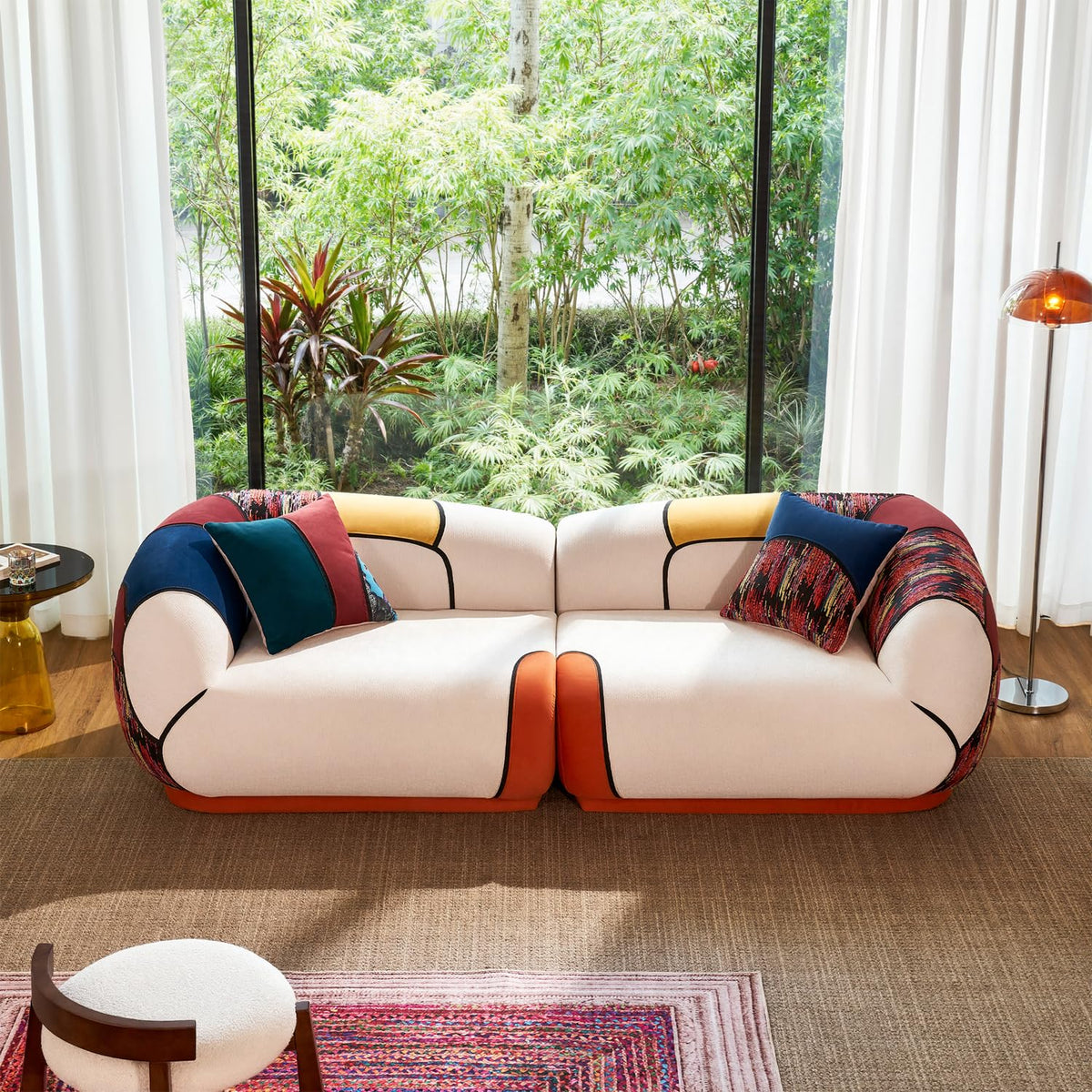 102" Modern Curved, 4-Seat Floor Couch in Chenille, No Assembly