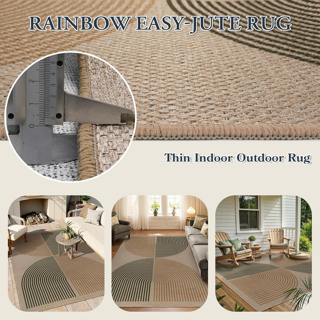 Modern Rainbow Easy Jute Rug, Washable Area Rugs Black Farmhouse Dining Room Rug, Contemporary Natural Throw Mat