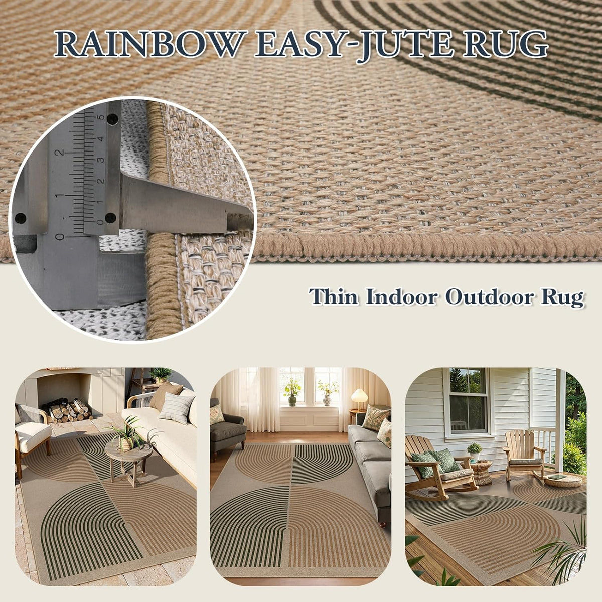 Modern Rainbow Easy Jute Rug, Washable Area Rugs Black Farmhouse Dining Room Rug, Contemporary Natural Throw Mat