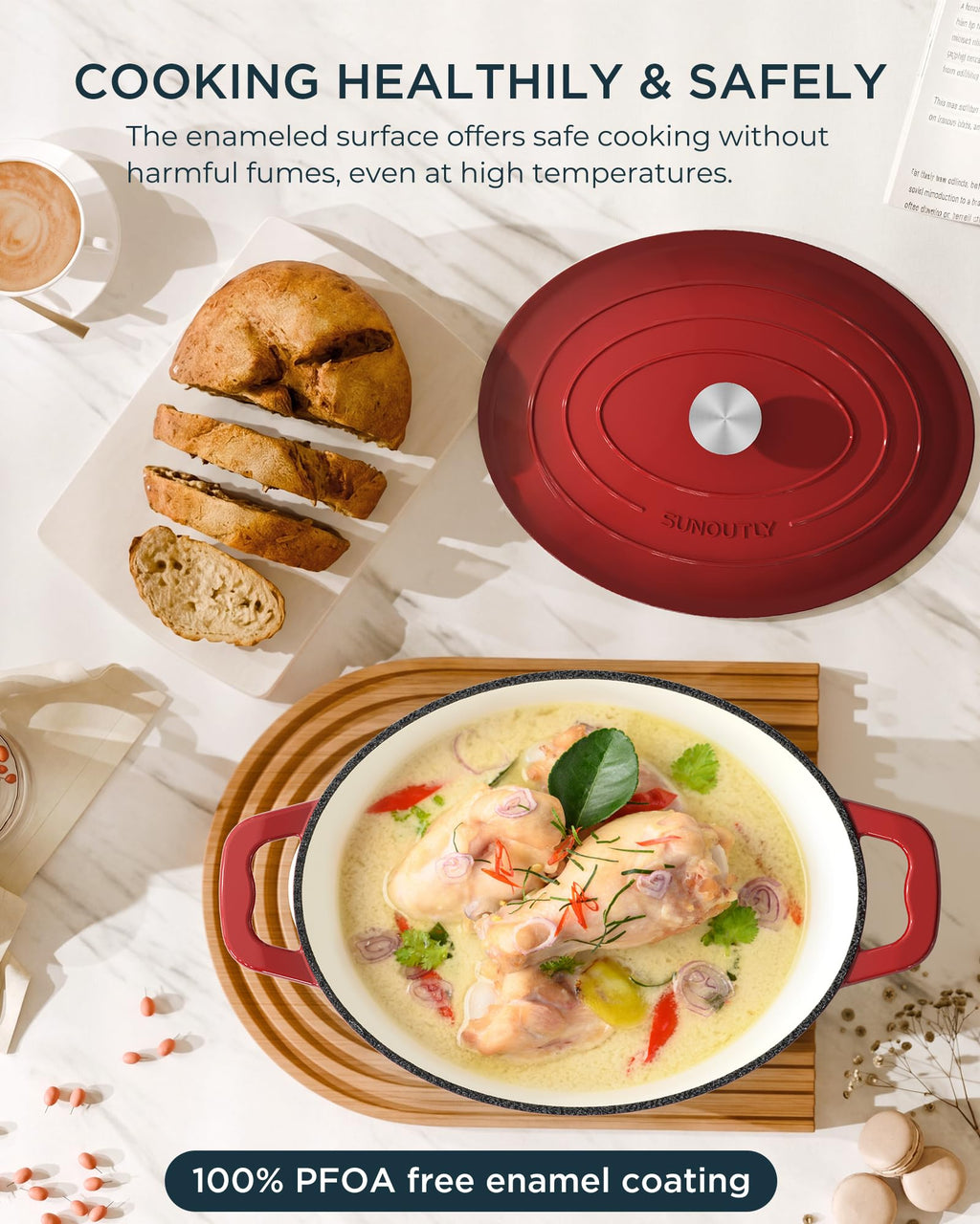 Enameled Cast Iron Dutch Oven, 9.3QT Pot with Lid, Cherry Red