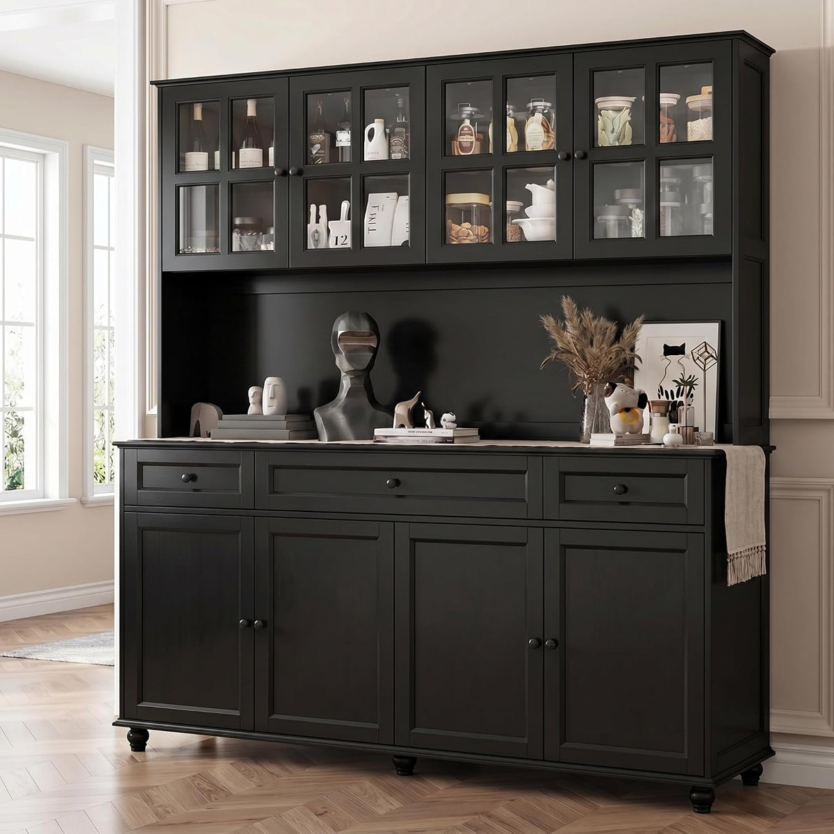 71" Tall Kitchen Pantry Storage Cabinet, 63" Wide Kitchen Hutch Cabinet with Large Countertop, Tall Pantry with