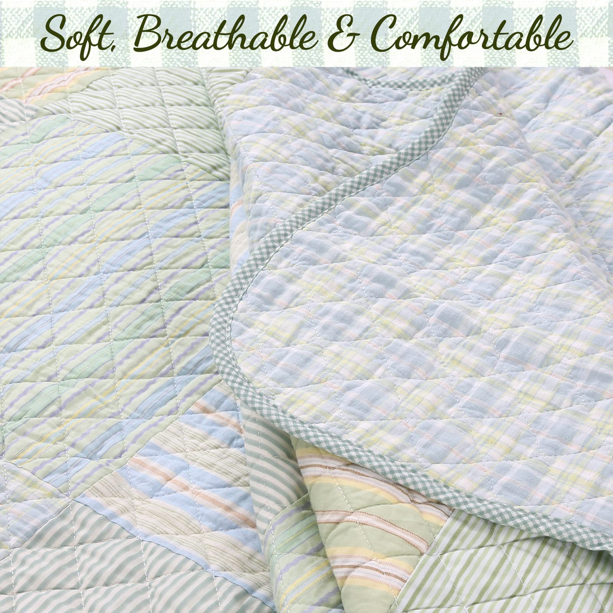 100% Cotton Reversible Quilt Bedding Set, Green Modern Plaid Striped Gingham All-Season Coverlet Bedspread (Juniper