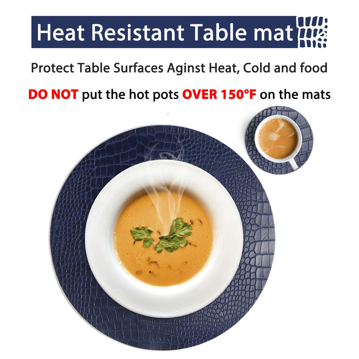 Round Leather Placemats for Round Tables Set of 4, Blue Table Place Mats and Coasters, Washable Easy to Care for