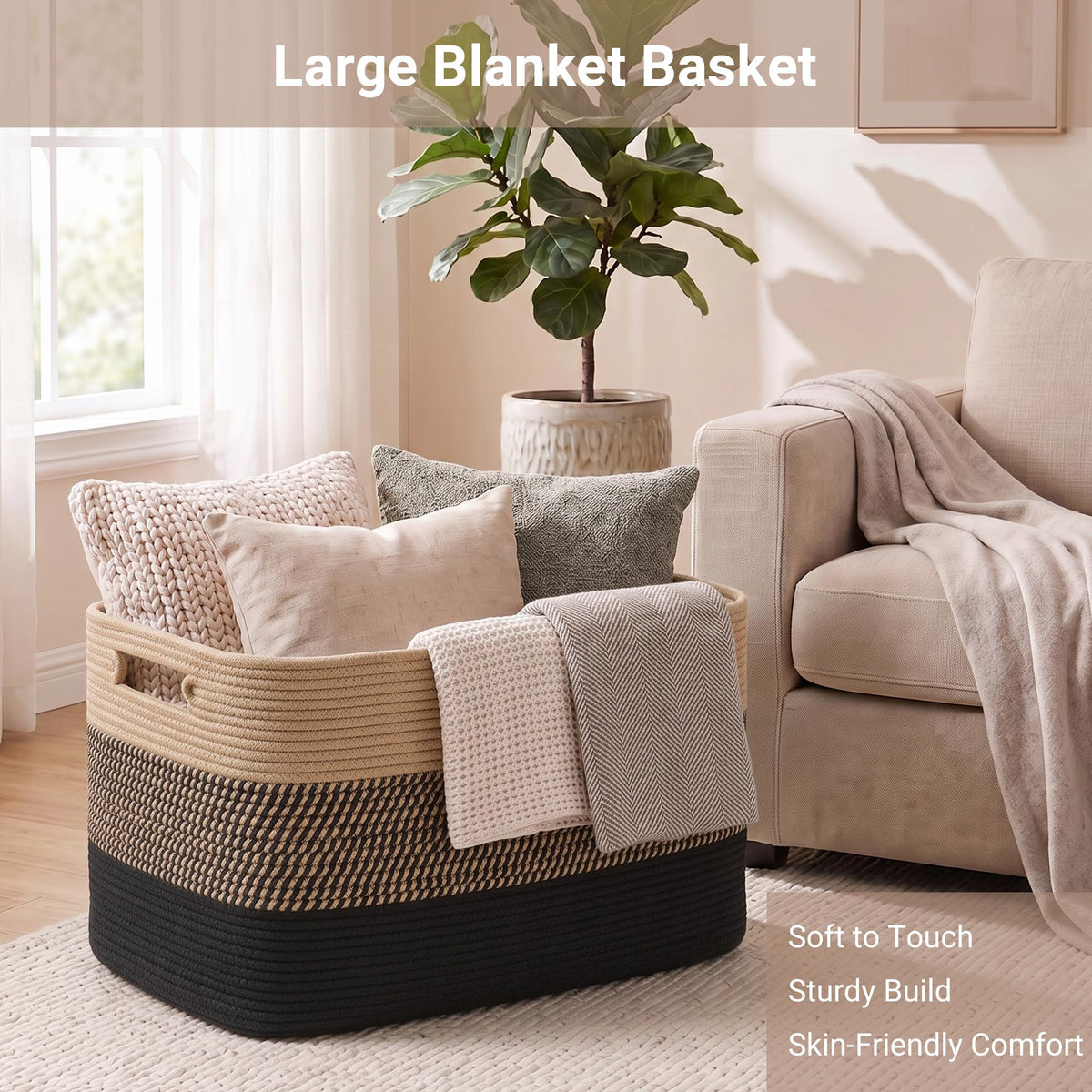 108L Extra Large Rectangle Laundry Hamper, Jute/Black, 25"x16"x16"