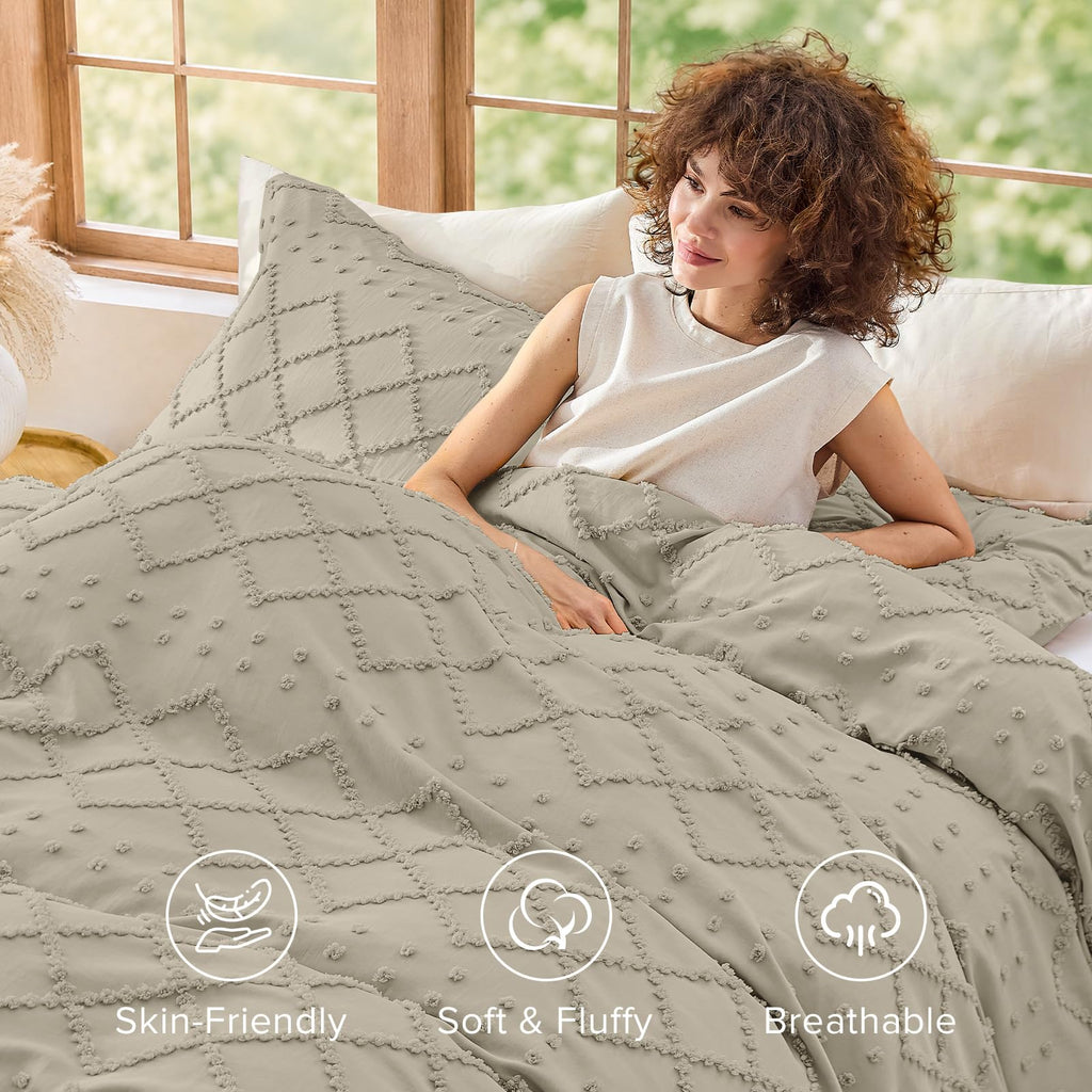 Boho Duvet Cover Set King Size, Tufted Embroidery Bedding, 3 PCS, Oatmeal