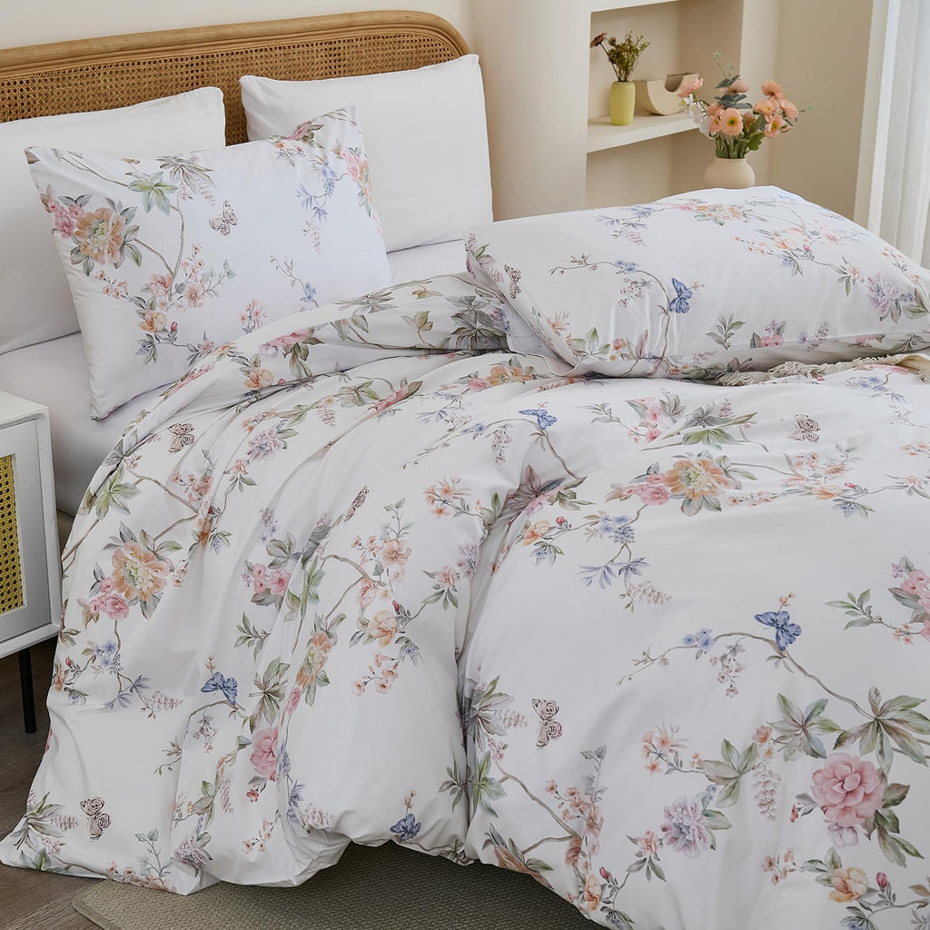 100% Cotton Duvet Cover Queen Size - Elegant French Romantic Floral Duvet Cover Set with Zipper Closure, 3-Piece Soft