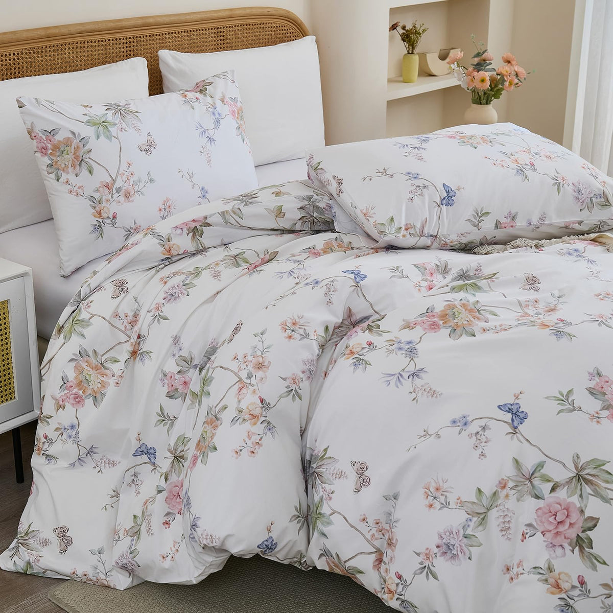 100% Cotton Duvet Cover Queen Size - Elegant French Romantic Floral Duvet Cover Set with Zipper Closure, 3-Piece Soft