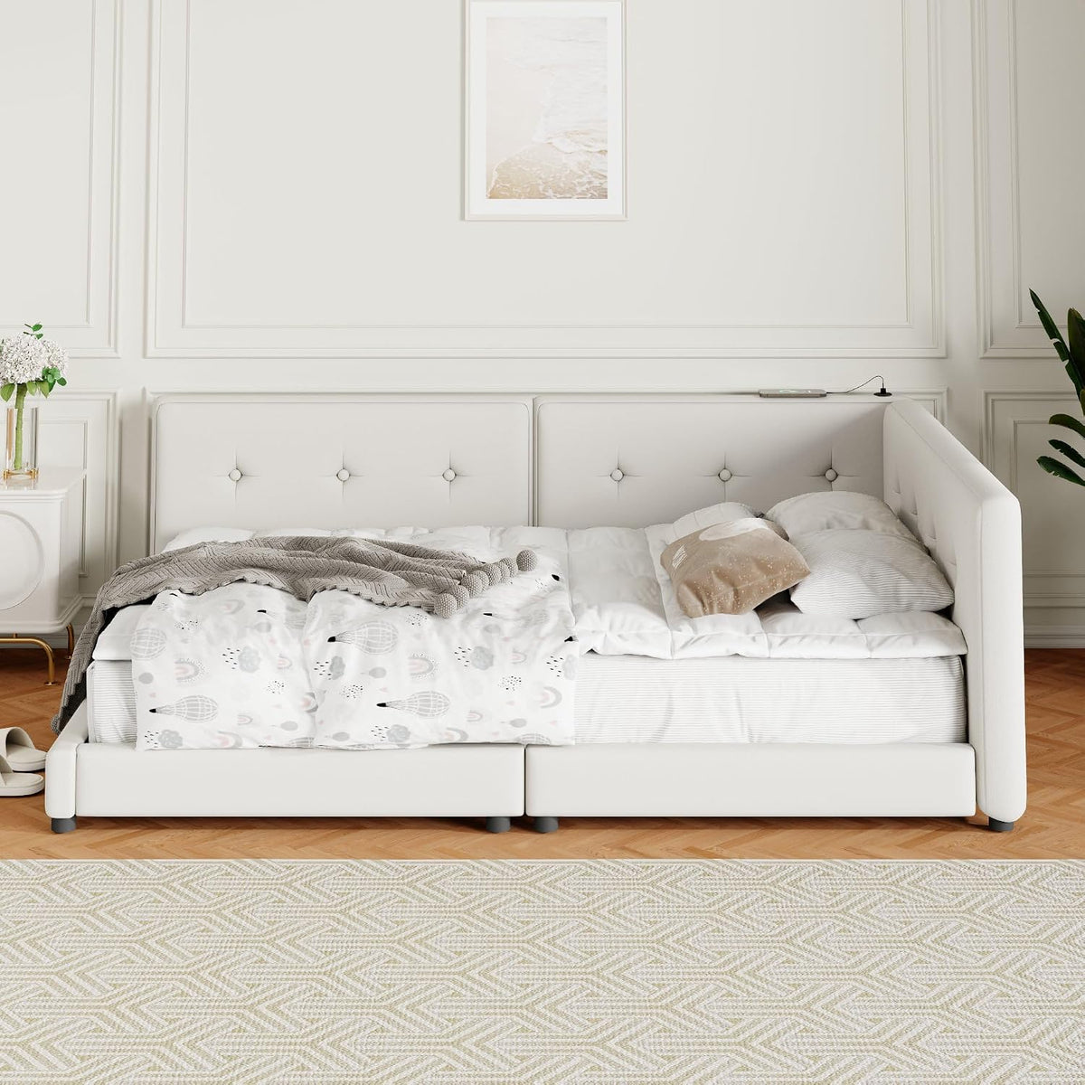 Queen Size Modern Upholstered Platform Bed with USB Ports, Floor Daybed with Wood Slat Support/Queen,Beige