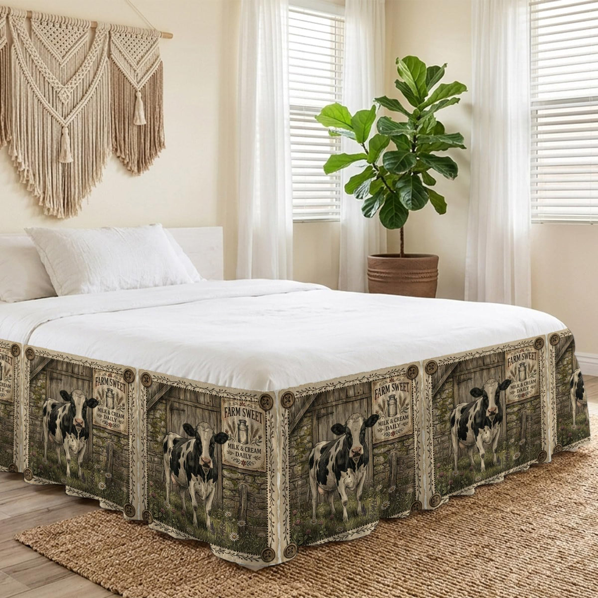 Holstein Cow Bed Skirt Size Bed Skirting 16 Inch Drop Adjustable Elastic Dust Ruffles Wrap Around Bedskirt