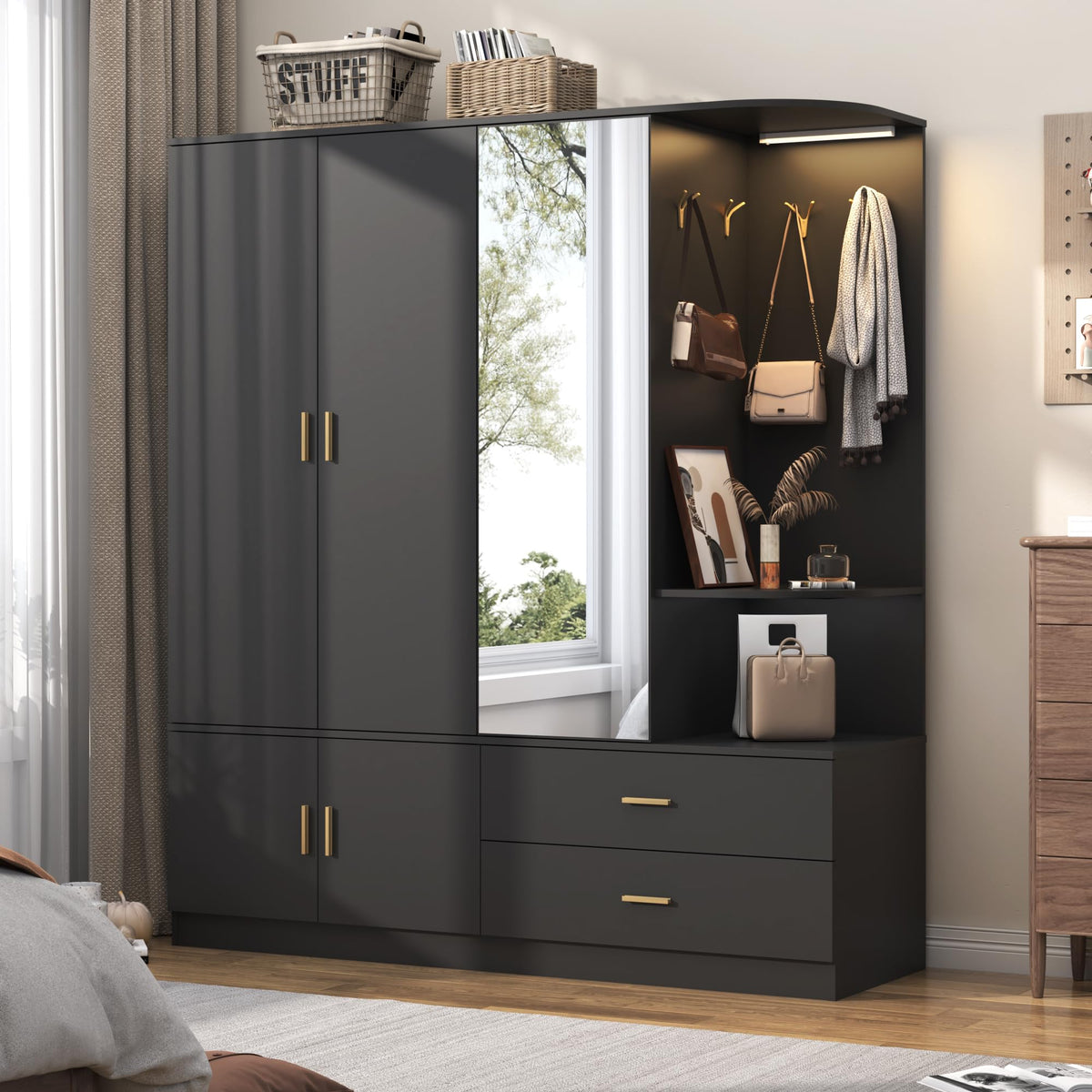 Armoire Wardrobe Closet with Mirror & Sensor Light, Bedroom Armoire with 5 Doors & 2 Drawers, Modern Wooden Large