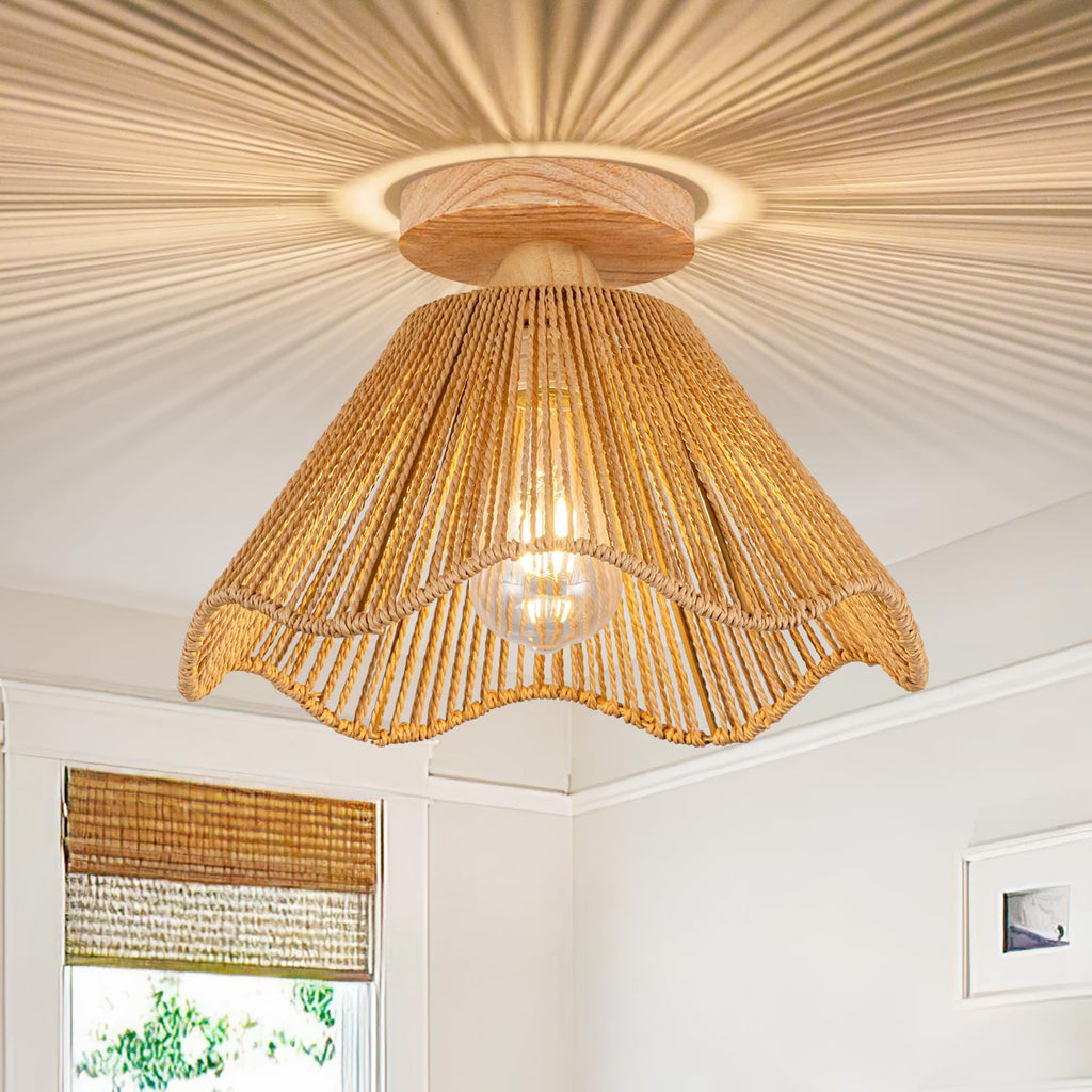 D12.5 Inch Boho Light Fixtures Ceiling Mount Boho Rattan Ceiling Light Flush Mount Mini Chandelier Bedroom Hallway