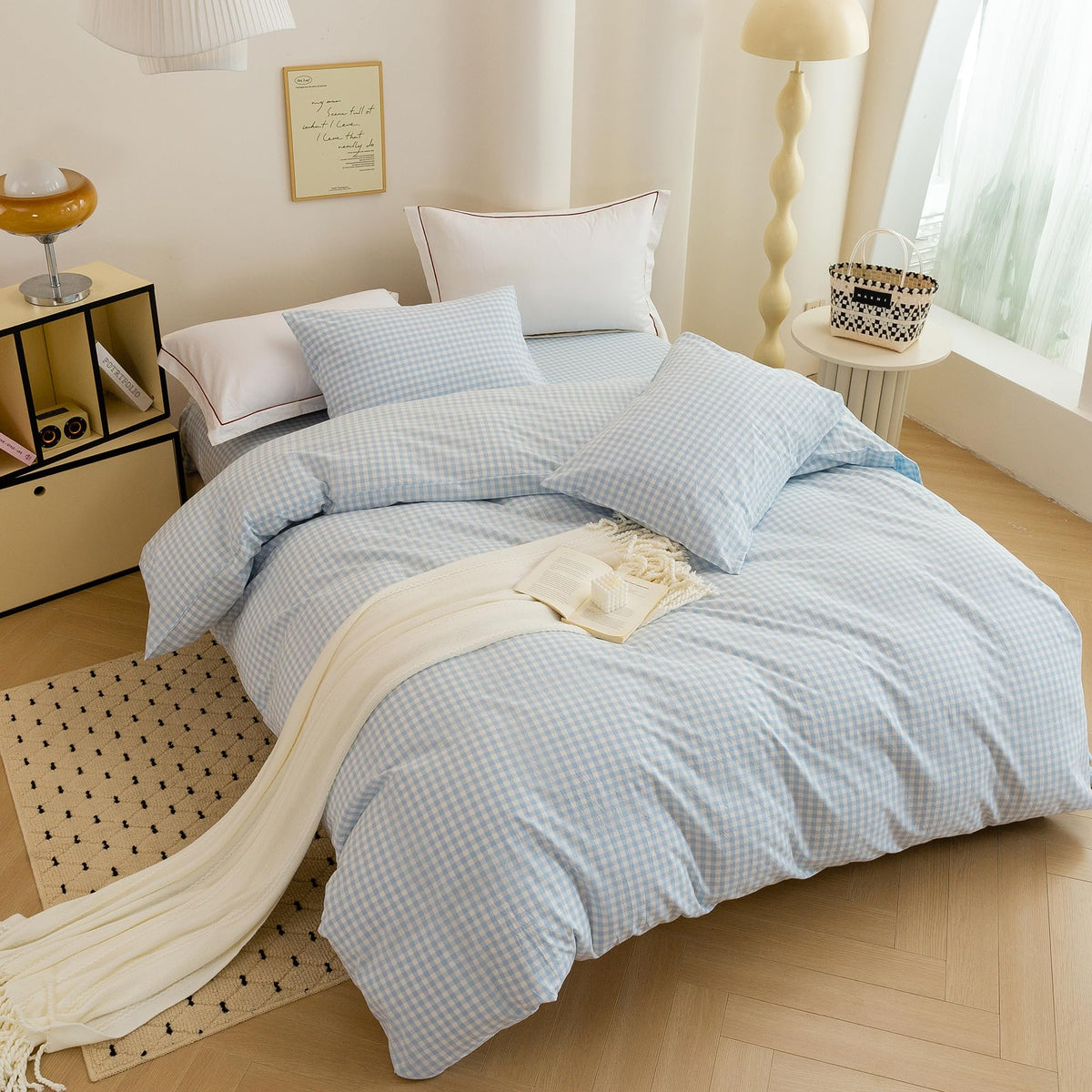Cotton 3 Pcs Duvet Cover Set Linen Feel Blue Gingham King