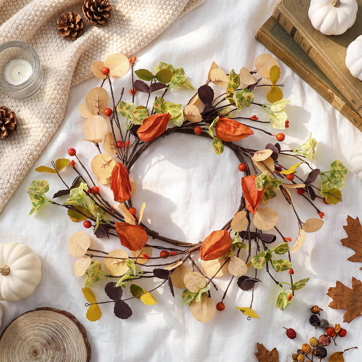 1 Pc Fall Candle Rings Wreath, 6.5'' Inner, Autumn Berry