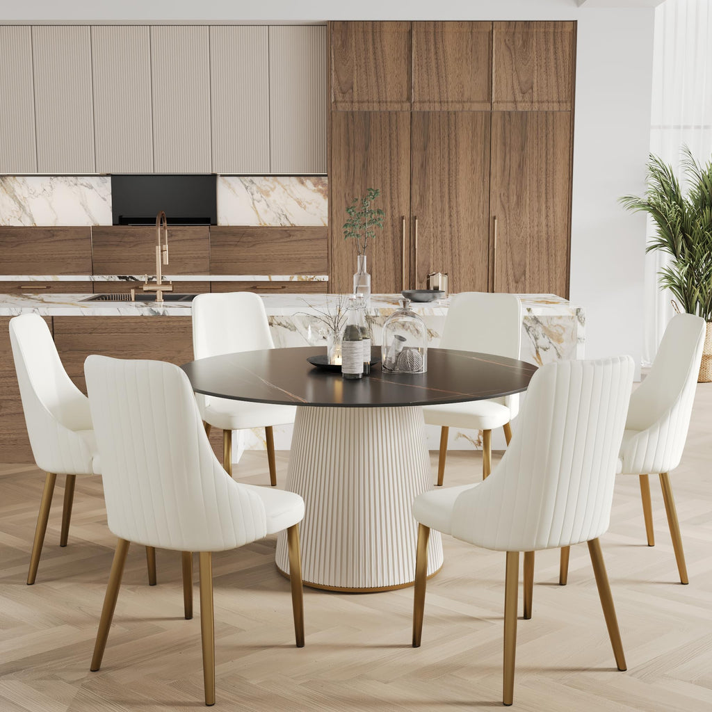 53'' Round Marble Dining Table for 4, Modern Black Sintered Stone Kitchen Dinner Table with Solid Wood Panel