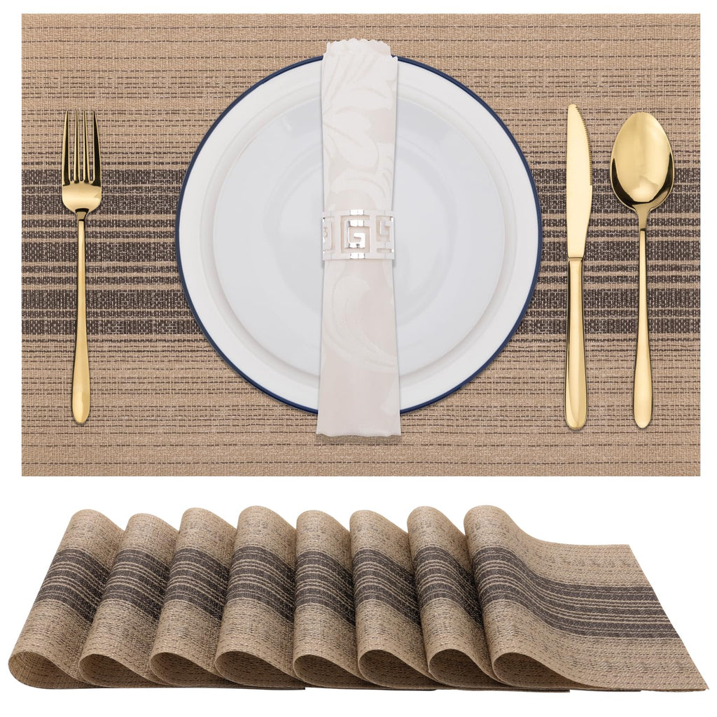 Placemats Set of 8, Washable Vinyl Woven Placemats, Heat Resistant & Wipeable Table Mats Dining Table (Brown)