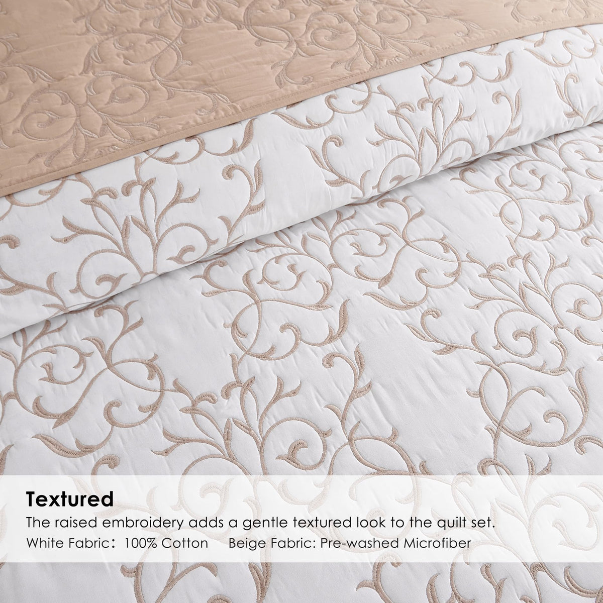 Cotton Quilt - Embroidered Beige Quilt Tan Cotton Coverlet, French Country Toile Bedding, Farmhouse Bed