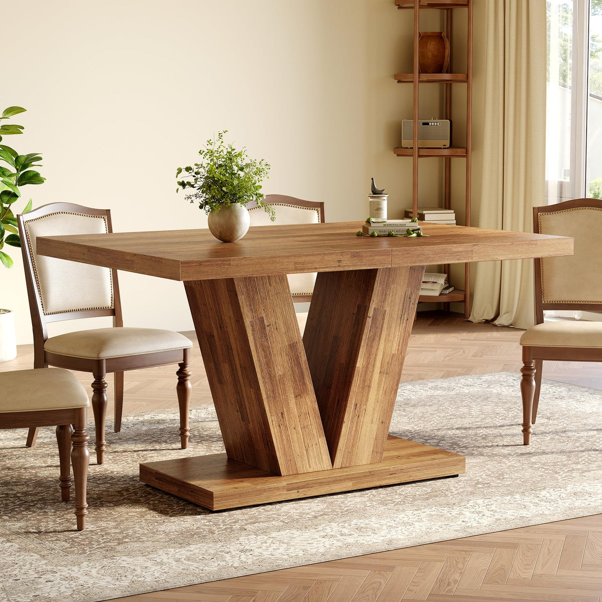 Inspired Saarinen Style 47 Inches Dining Table for 4, Modern Dining Room Tables, Brown Rectangle Kitchen Table with V-Shaped Pedestal, Wooden