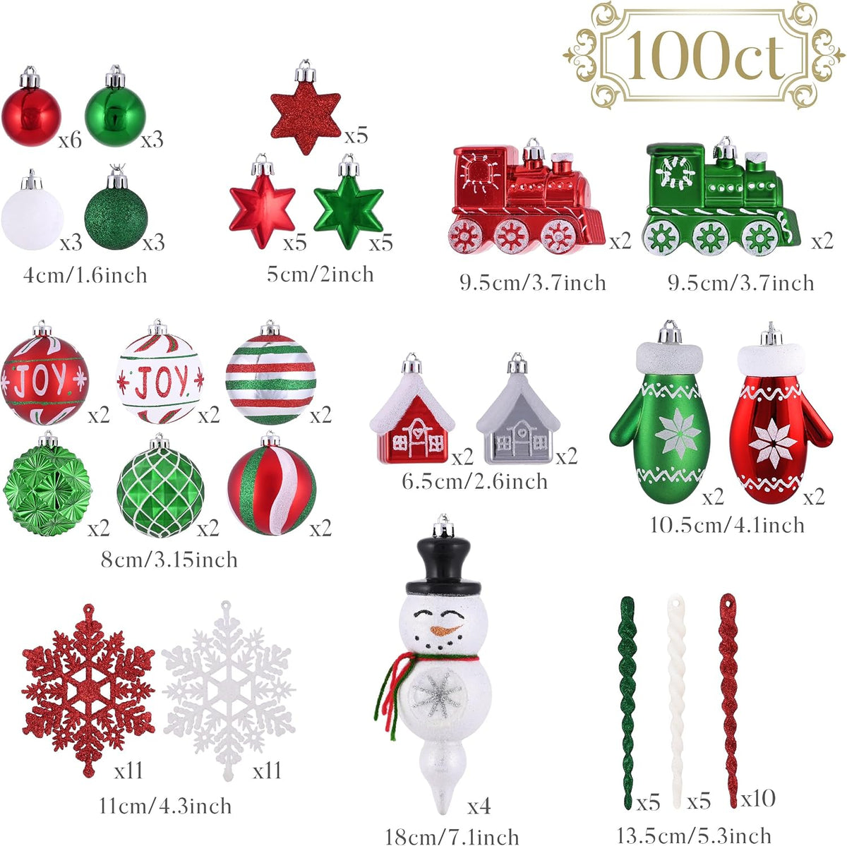 Christmas Tree Ornaments Set, 100ct Red Green White Shatterproof Christmas Tree Decorations Bulk, Variety Whimsical