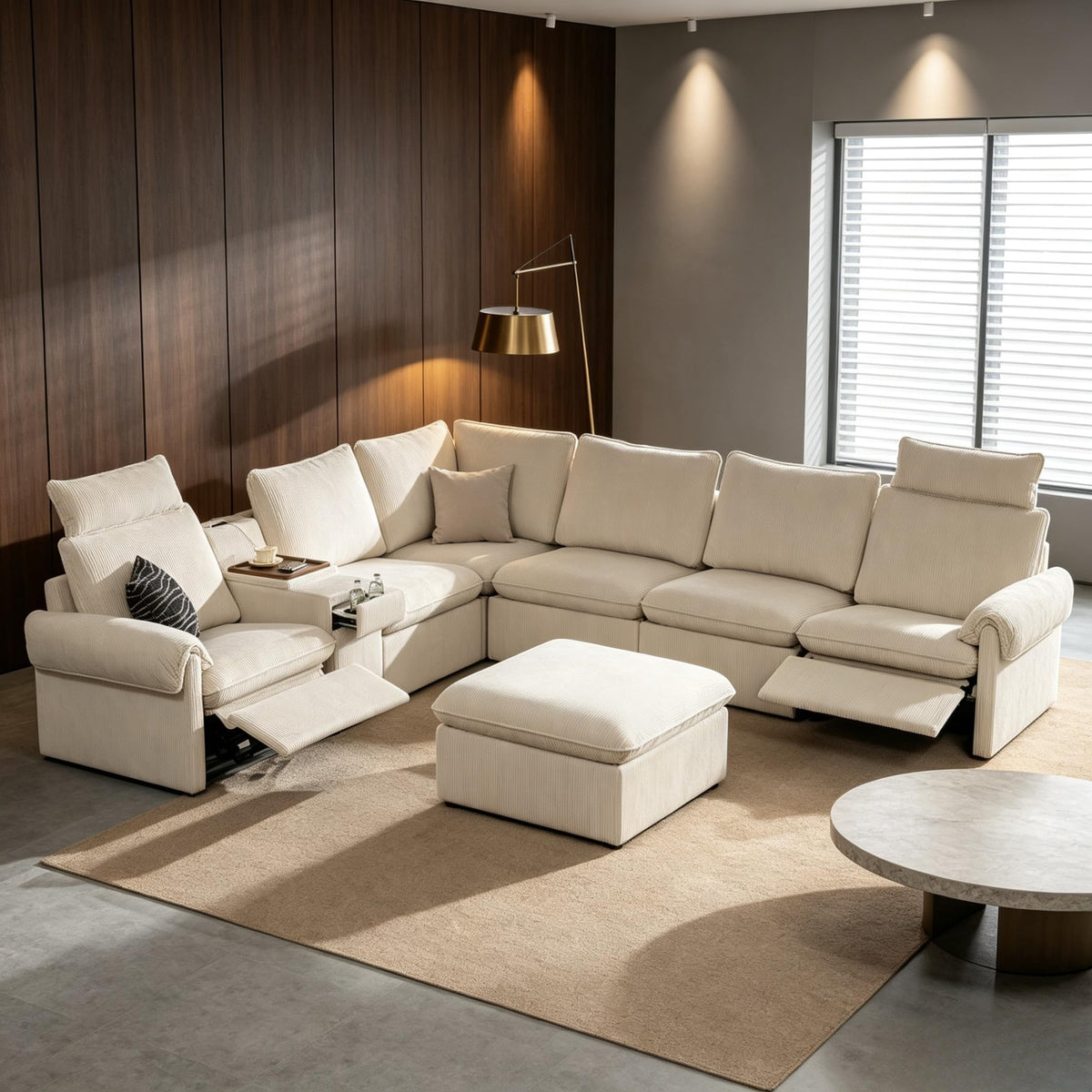 117" 6-Seat Modular Power Reclining Sectional Couch, Beige
