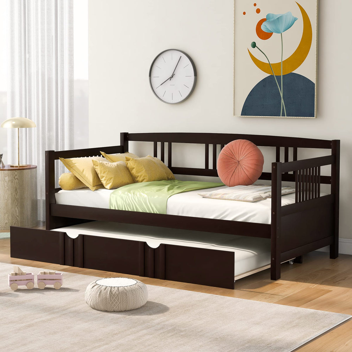Daybed with Trundle Bed Wooden Slats Support Modern Living Daybed with Rails, Twin Size, Espresso