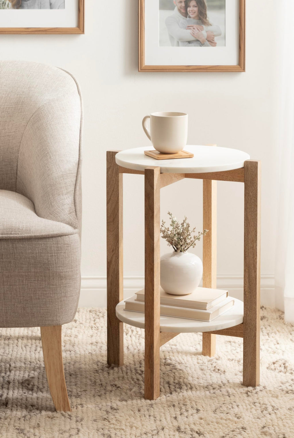 Inspired Saarinen Style Moxley Transitional Round Side Table; 16 x 16 x 22; White Marble and Natural Wood; Tiered Pedestal Table with