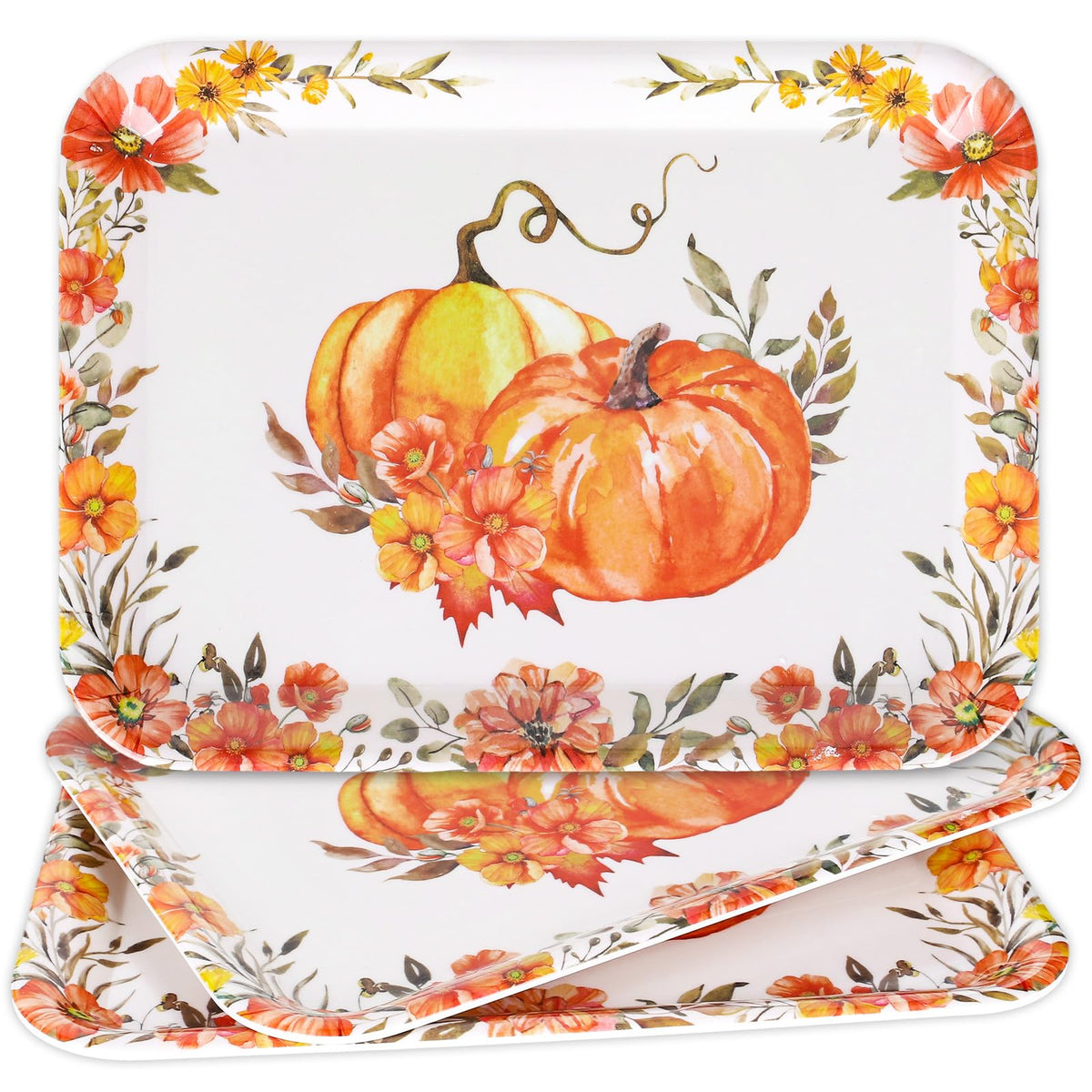 3Pcs Fall Serving Tray, Watercolor Floral Pumpkin, 10 x 13 in
