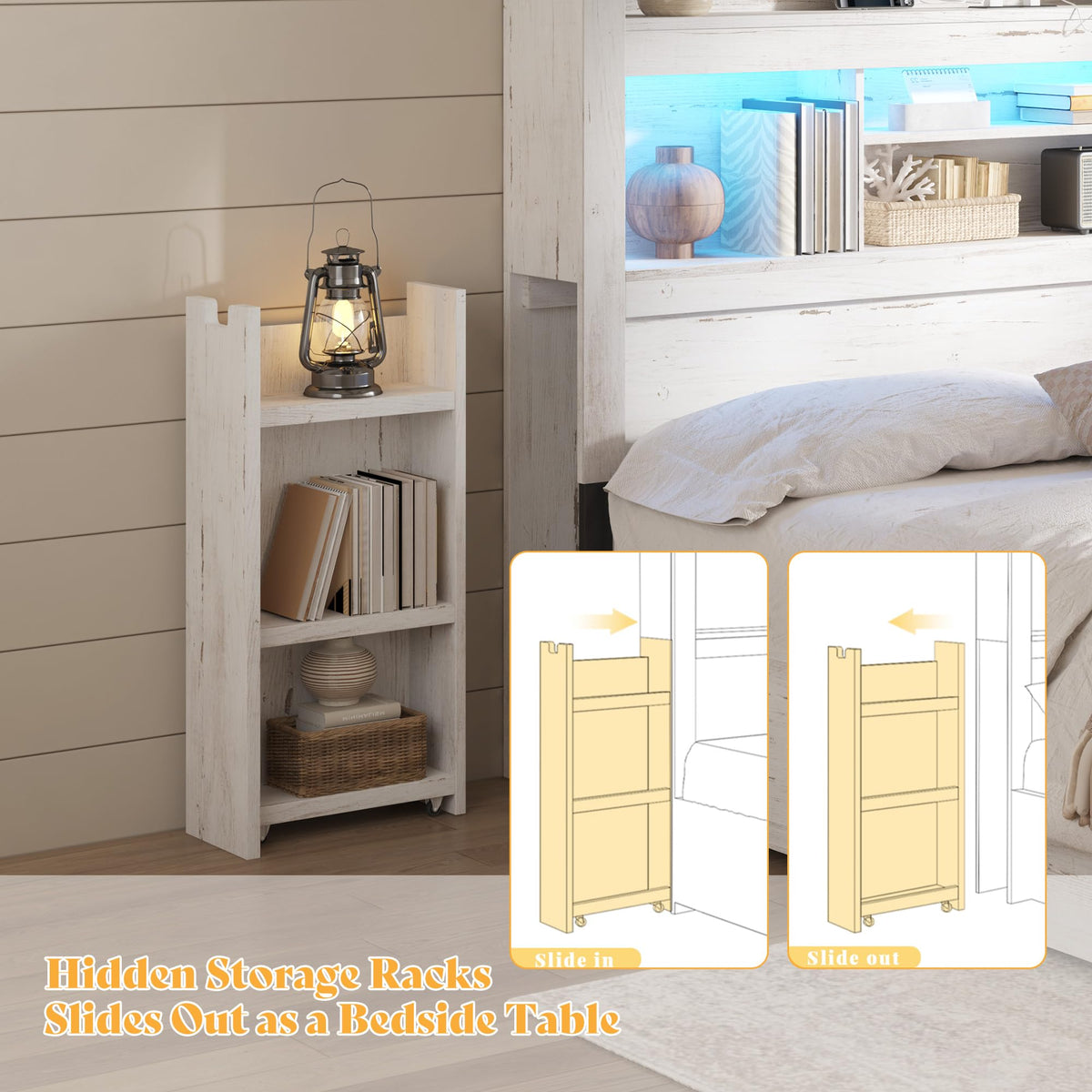 Wood Headboard Only with Storage, Distressed White