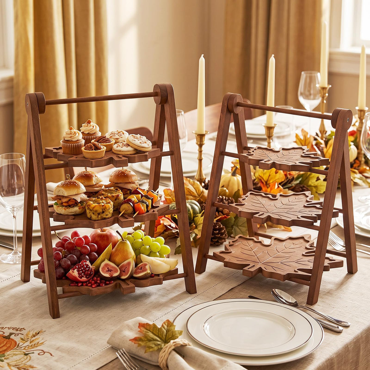 3 Tier Maple Leaf Serving Tray with 16" Collapsible Ladder Stand