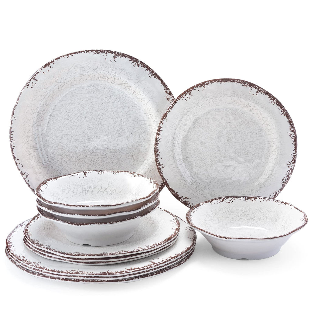 Vintage White Melamine Dinnerware set, 12 Piece Lightweight Dish Set