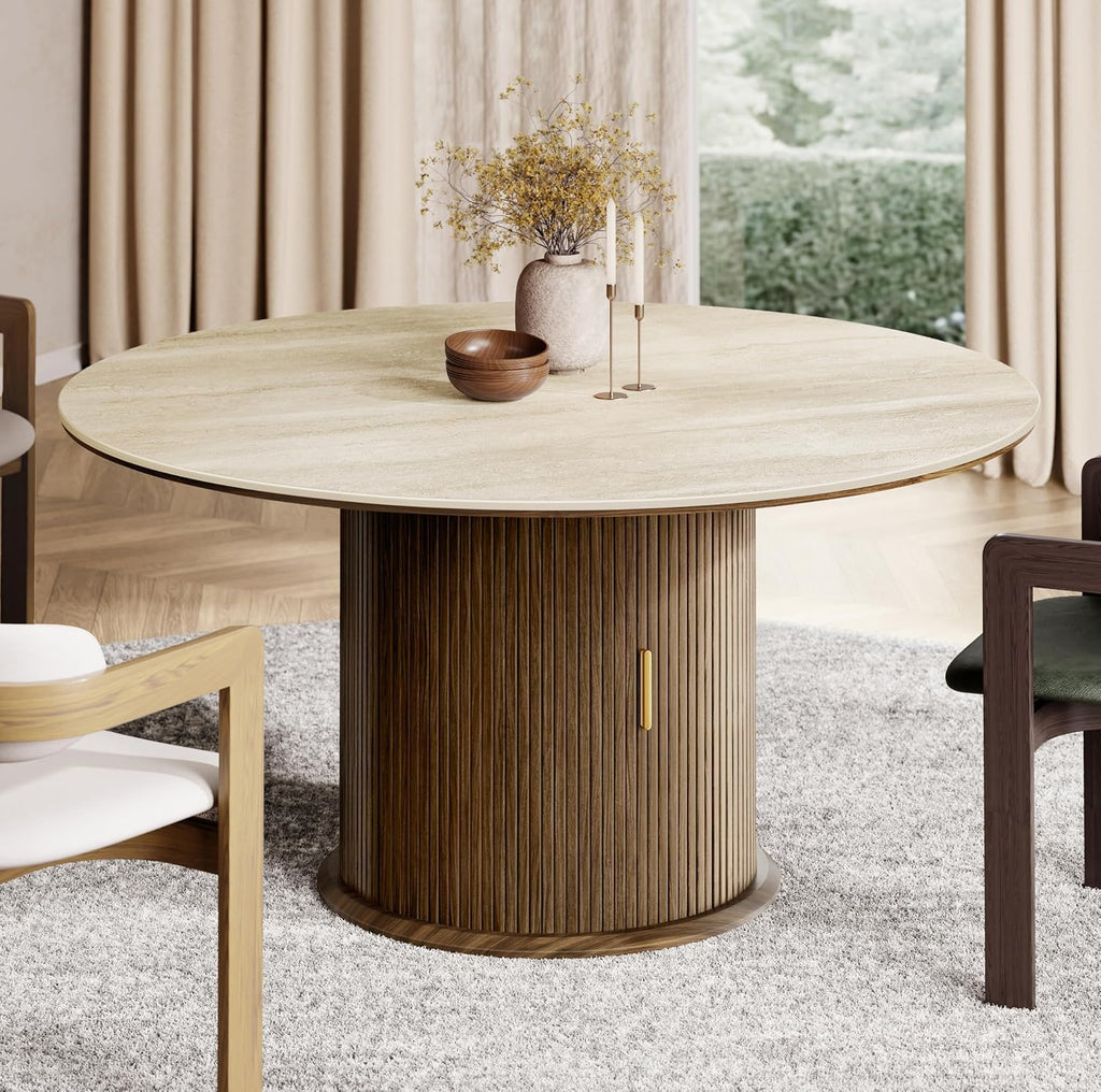 Inspired Saarinen Style 55-Inch Sintered Stone Round Dining Table with Pedestal for 6, Walnut