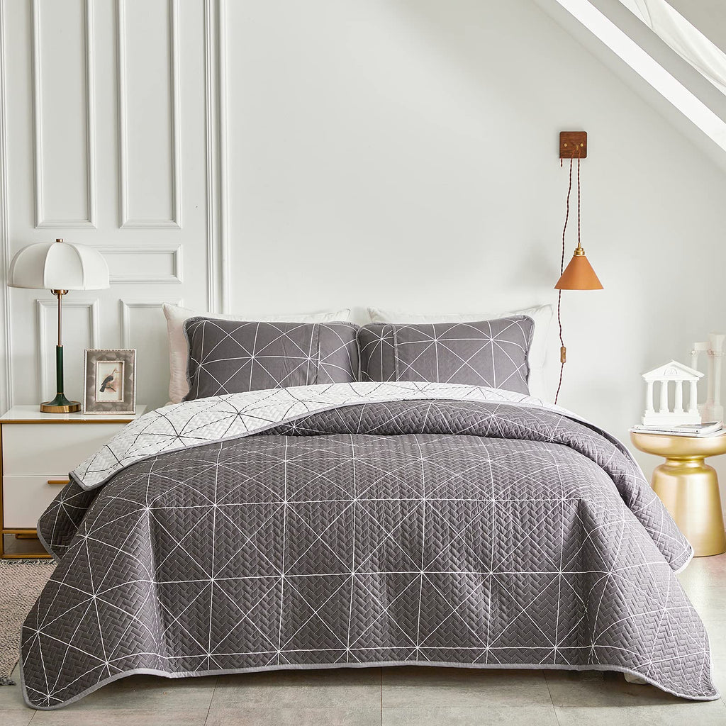 3 Pieces Reversible Quilt Set Plaid White & Brown 102x88 Soft Microfiber Lightweight Coverlet Bedspread