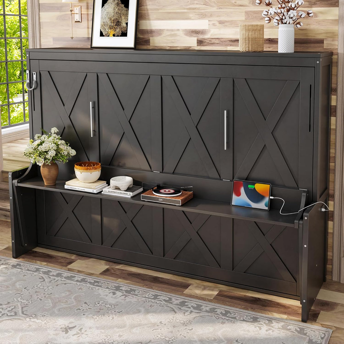 Queen Horizontal Cabinet Murphy Bed with Desk & USB Charging Station, Foldable Hideaway Wall Bed Frame with Solid