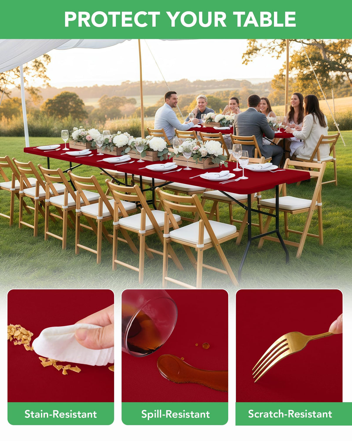 Fitted Tablecloth Rectangle Table Cloths with Elastic, 6 ft, Red, 6 Pack