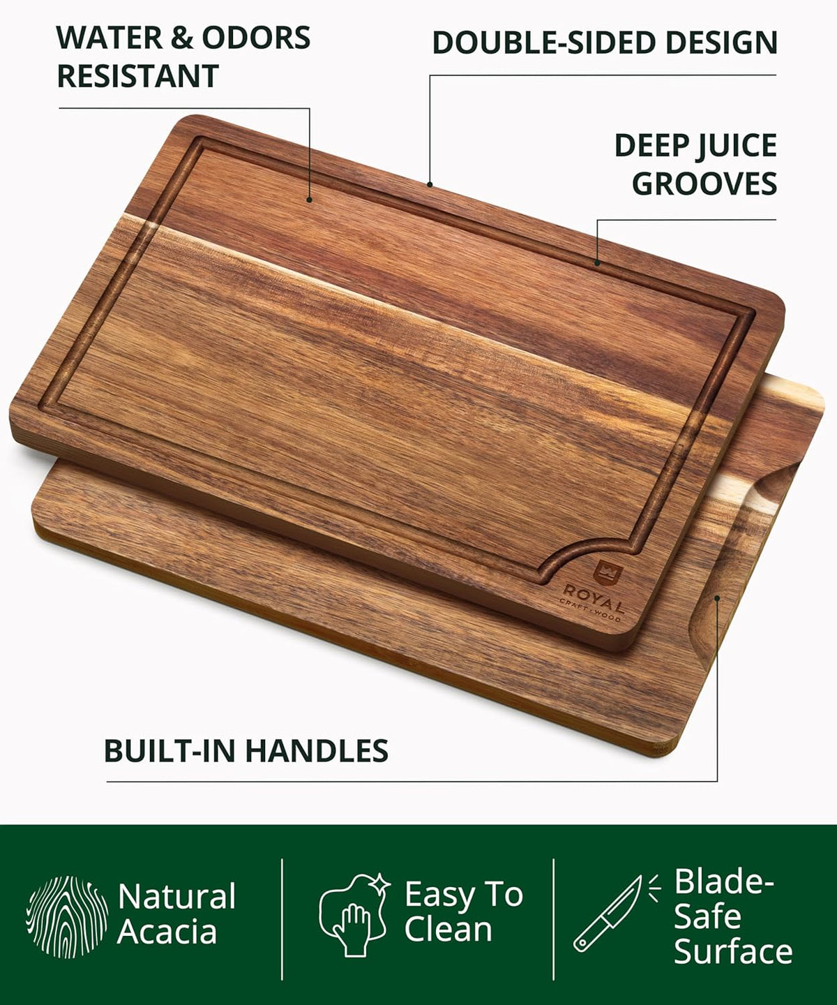 Wooden Cutting Boards Meal Prep & Serving - Bamboo Wood Serving Board Set with Deep Juice Groove Side Handles