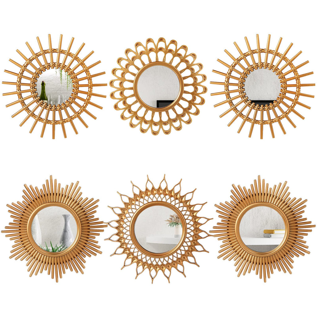 6 Pcs Sunburst Round Mirror for Wall Decor, Classic, Gold