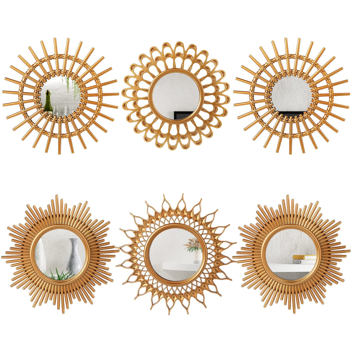 6 Pcs Sunburst Round Mirror for Wall Decor, Classic, Gold