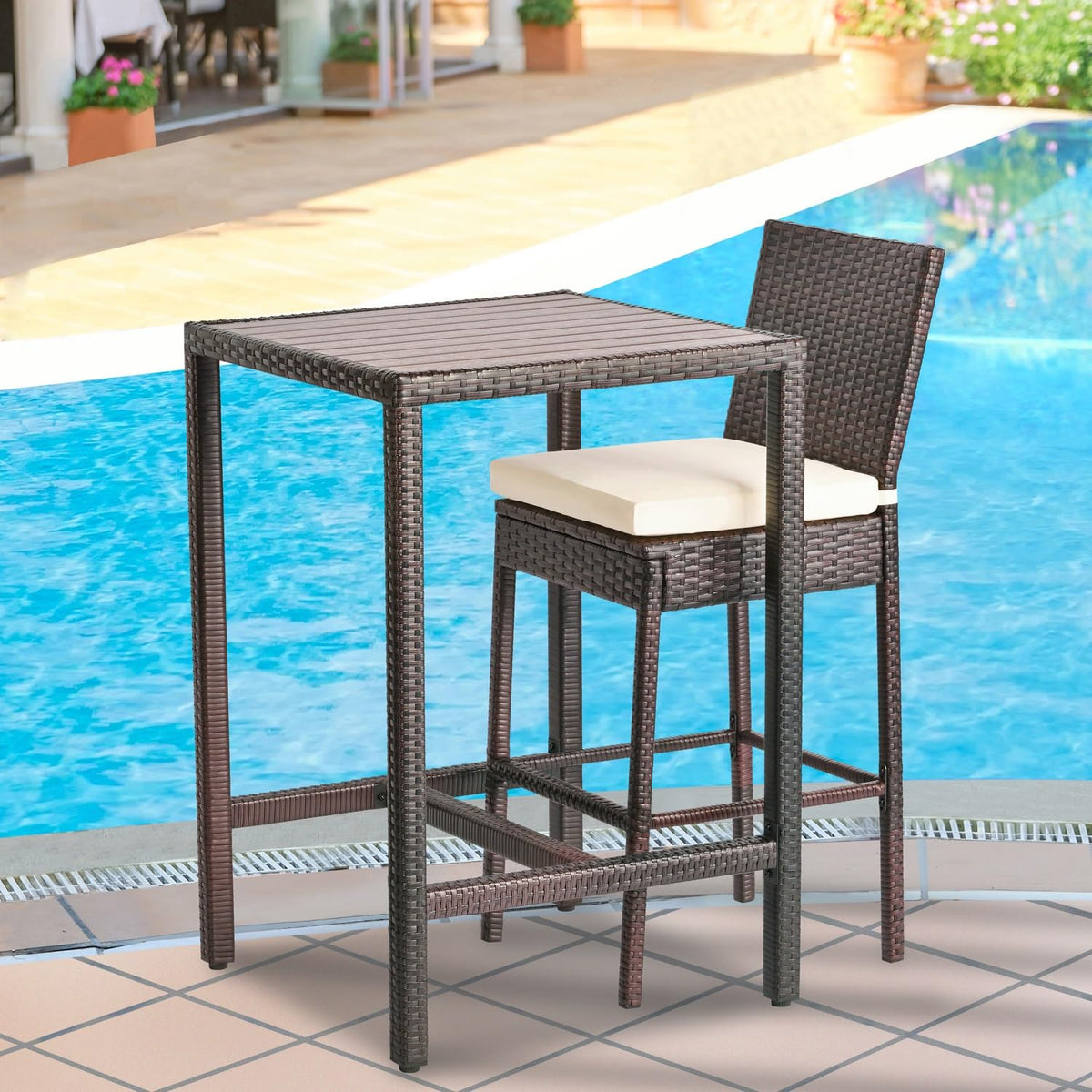 Outdoor Bar Table Patio Bar Height Bistro Table 39" Tall Outdoor High Top Square Pub Patio Table Wicker Rattan Metal