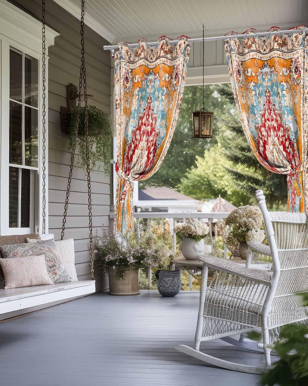 Outdoor Curtains (Set of 2 Panels) , Red Orange Boho Waterproof Blackout Outside Curtain for Porch/Pergola/Gazebo, Ethnic Tribe
