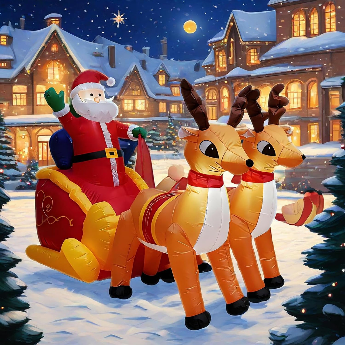 7.5 Ft Christmas Inflatables Santa Sleigh with Reindeer Outdoor Decoration Lighted Inflatable Santa Claus on Sleigh