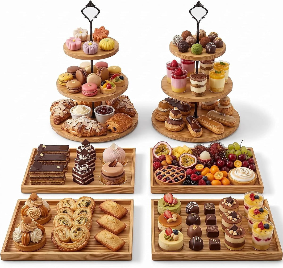 Wooden Dessert Table Display Set, 3 Tier Cupcake Stand Set with Serving Trays, Rustic Dessert Display Stand - Set of 6