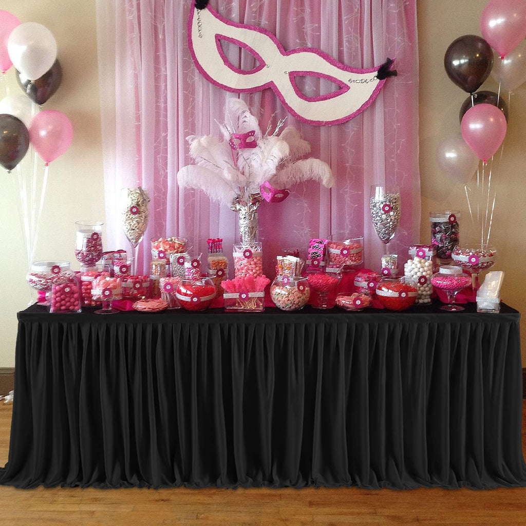 Black Polyester Table Skirt for Rectangle Tables 8ft, Wrinkle Resistant Pleated Ruffle Table Cloth for Banquet