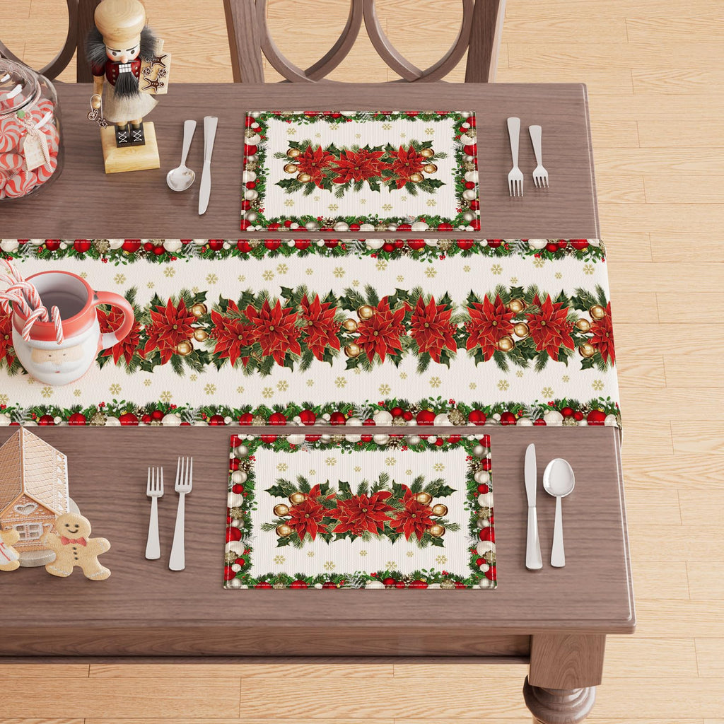 Christmas Poinsettias Leaves Bells Snowflakes Winter Xmas Placemats Set of 6 Table Mats for Party Home Kitchen Dining