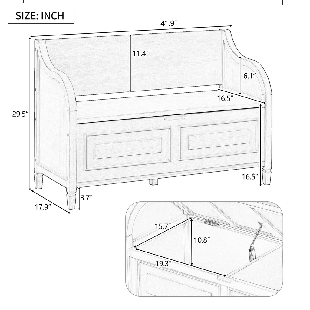 Rustic Style Solid Wood Storage Bench with Safety Hinge, Multifunctional Shoe Bench with Removable Cushion Bedroom