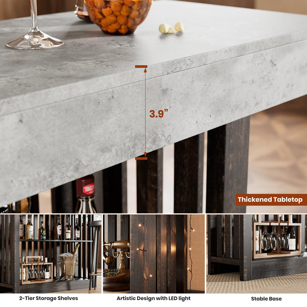 63" Long Bar Table - Counter Bar Height Pub Table with 2 Tier Storage Shelves, Modern Coffee Breakfast Bar Unit